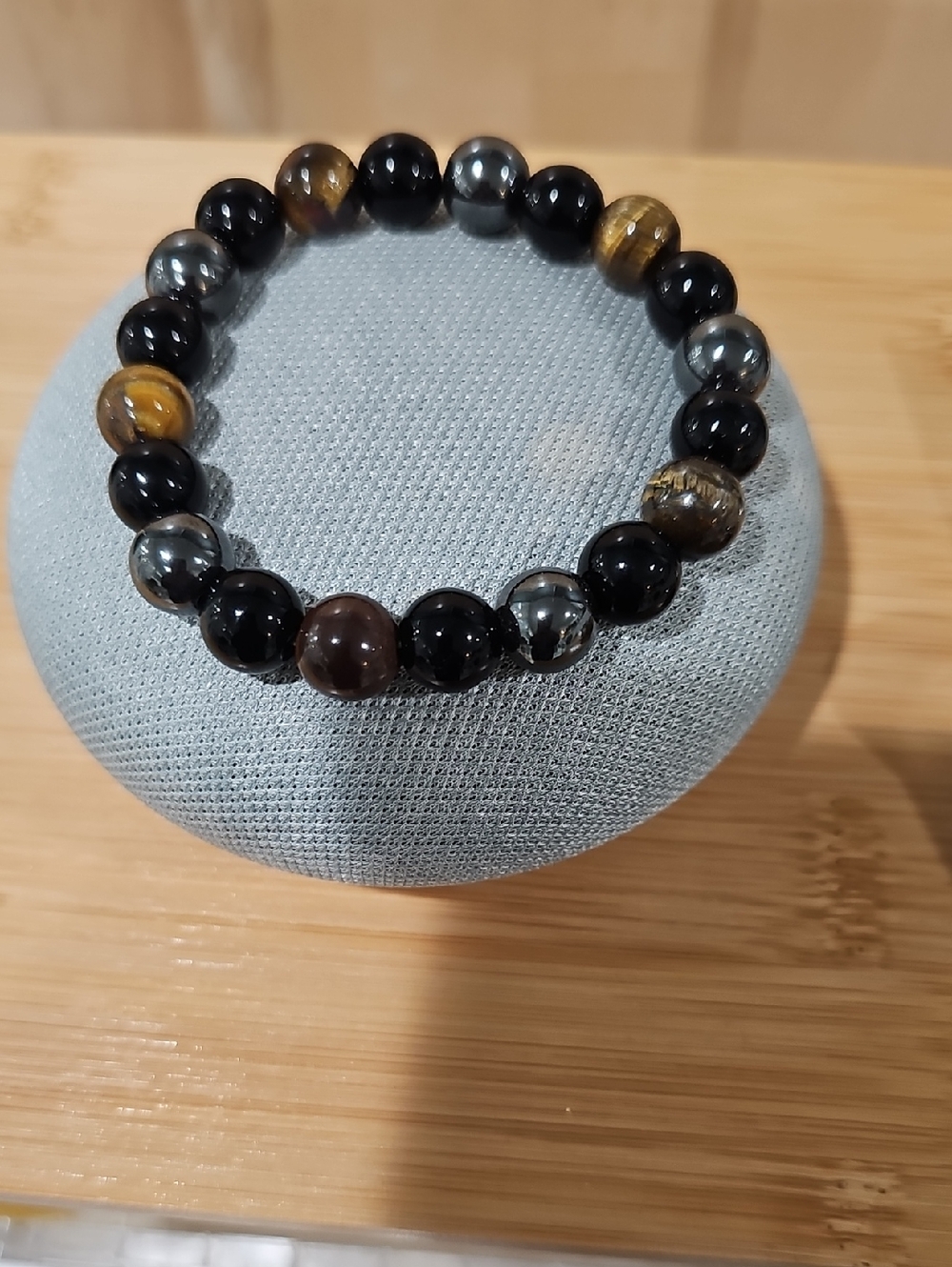Beaded Bracelet with Black, Brown & Metallic Gray Stones